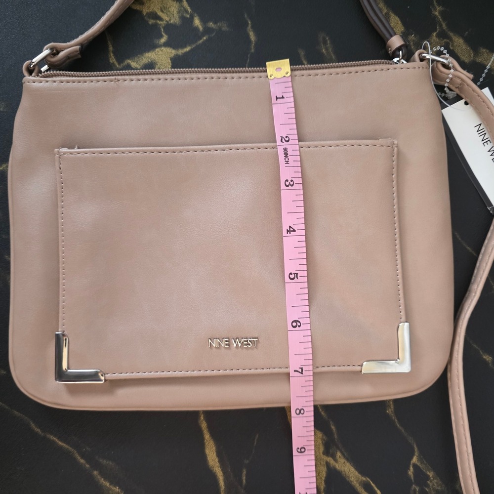 Nine West Crossbody Bag Taupe Tan Vegan Faux Leather Silver Hardware Purse NWT